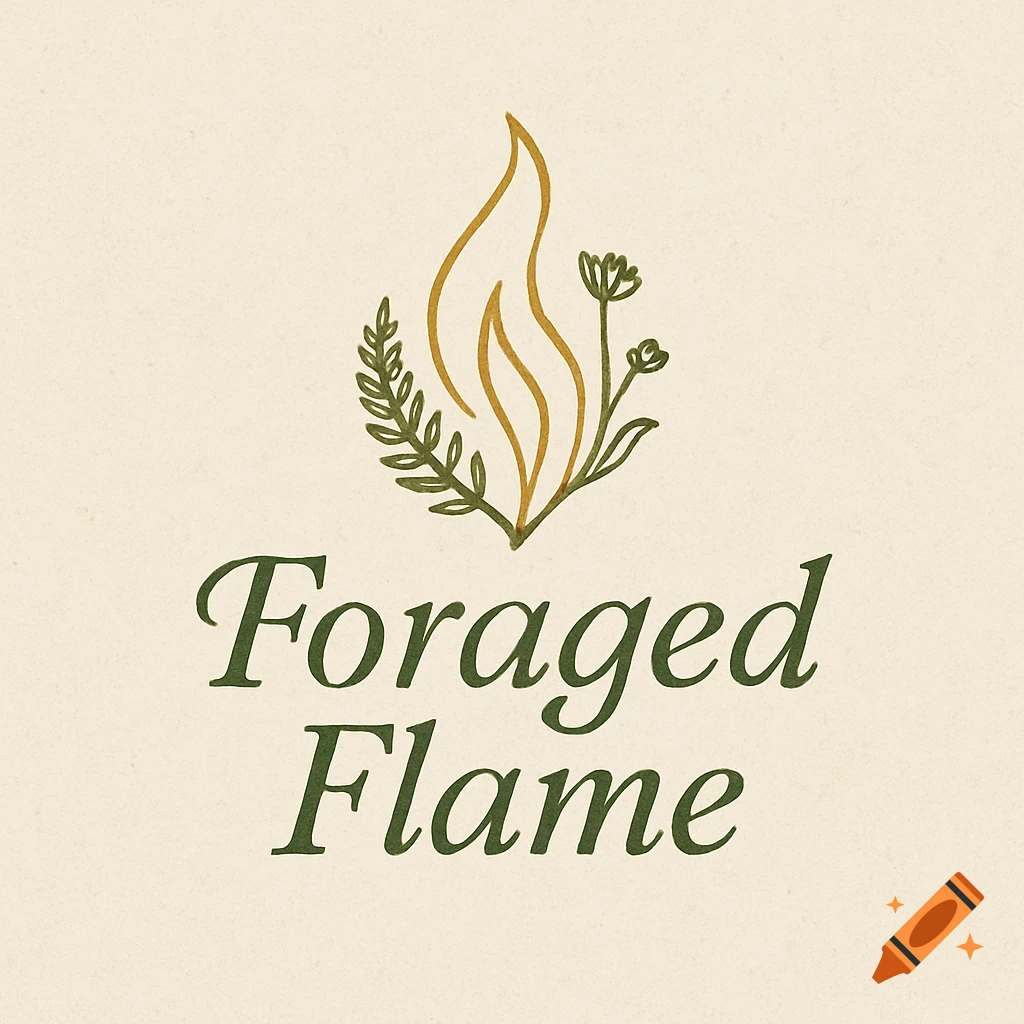 A minimalist, hand-drawn logo of a golden flame with green botanical elements above the text 'Foraged Flame' on a light, textured background.