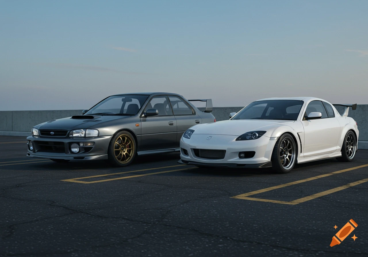 A grey Subaru WRX STI and a white Mazda RX-8 are parked side-by-side in an empty asphalt parking lot under an overcast sky.