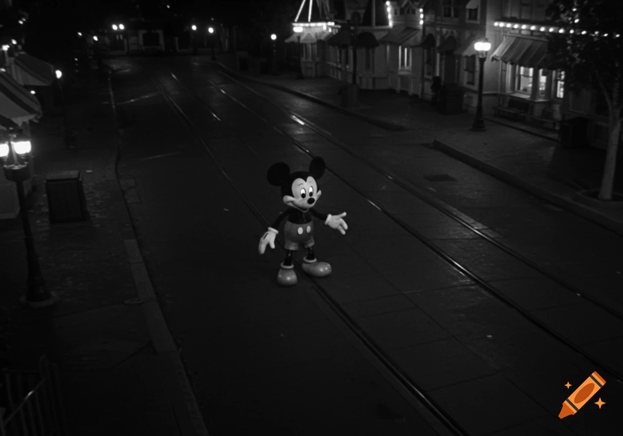 Black and white, high-angle view of a Mickey Mouse figure standing in a dark, empty theme park street with tram tracks at night.