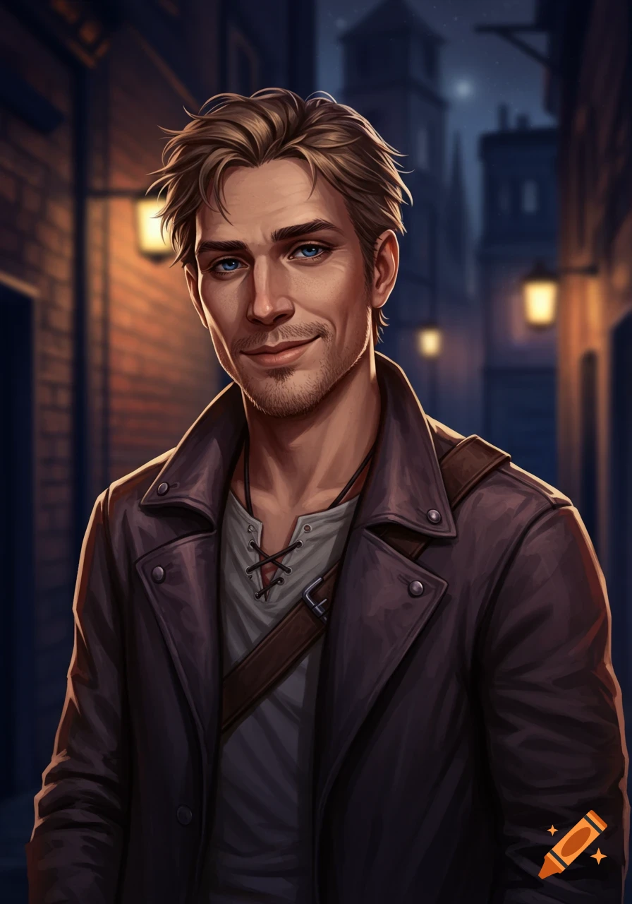 A realistic digital portrait of a charismatic male rogue with light brown hair and stubble smiling slyly in a dimly lit urban alley at night.