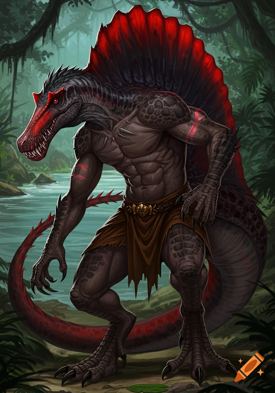 Muscular spinosaurus demi-human with a red fin and loincloth stands in a jungle river, digital art.