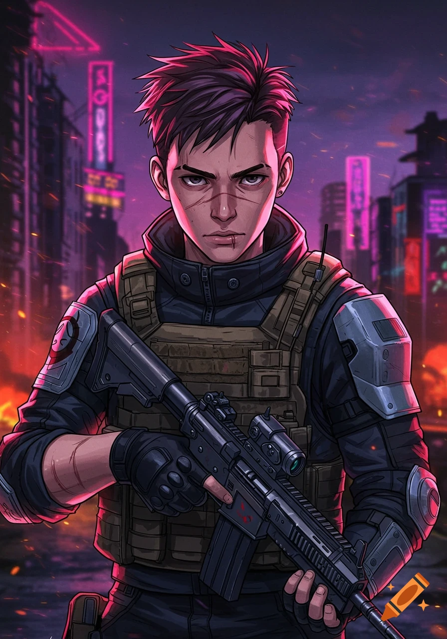 Anime-style character, resembling Ghost from Call of Duty, holding a rifle in a neon-lit cyberpunk city.