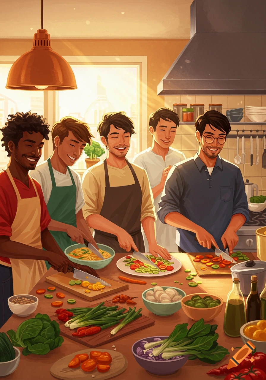 An illustration of five diverse men happily cooking and chopping vegetables in a sunlit kitchen.