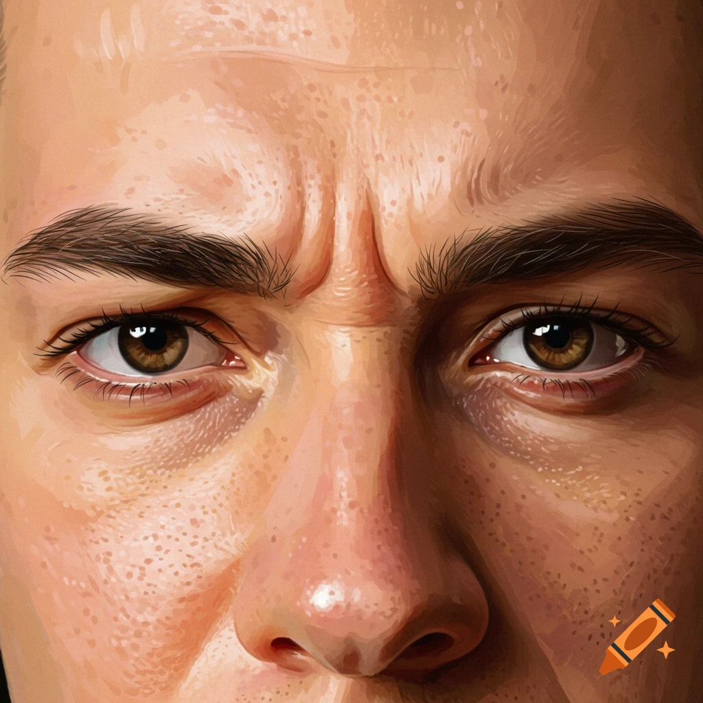 Close-up digital painting of a person's furrowed brows and eyes.