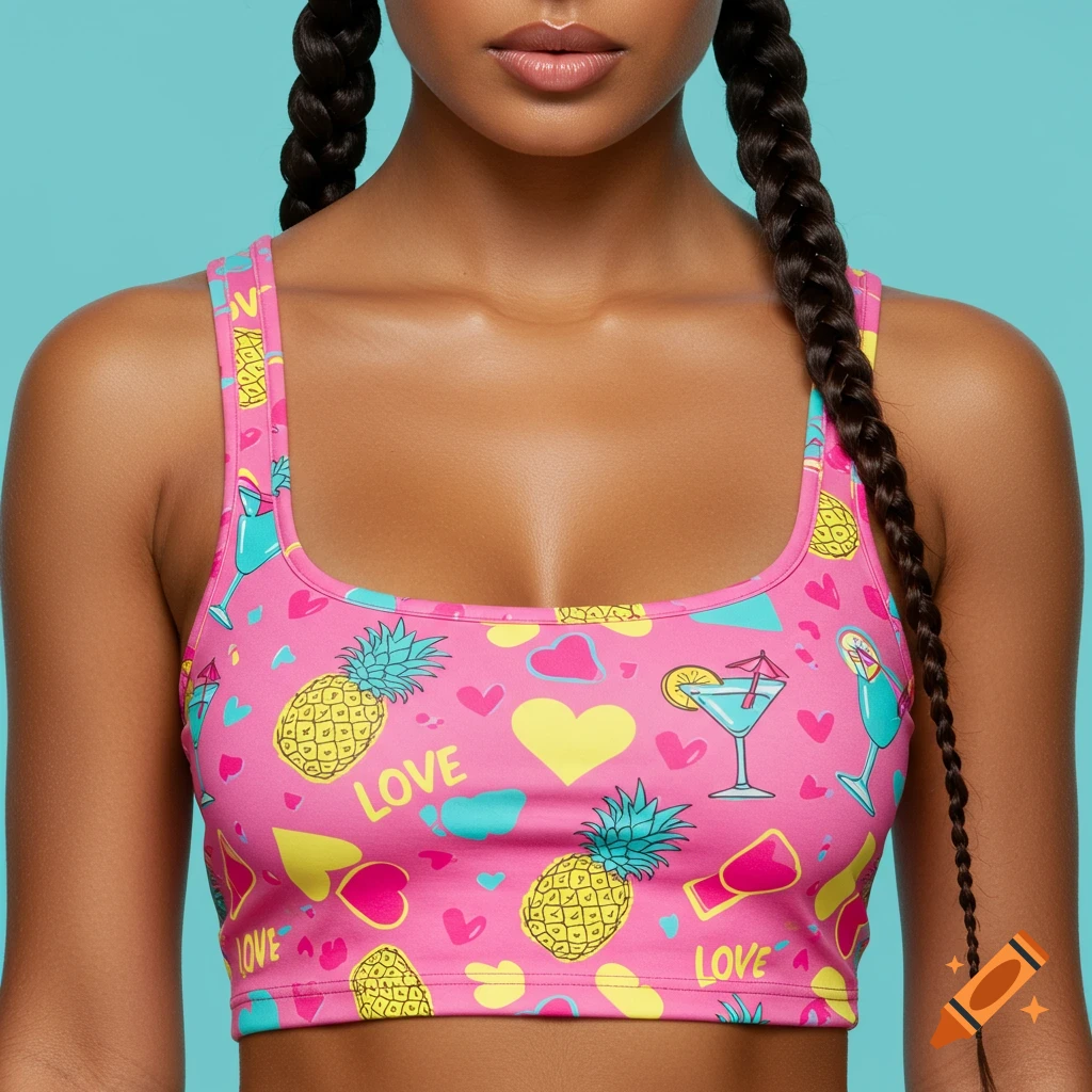 Close-up of a person wearing a pink crop top patterned with pineapples, cocktails, hearts, and the word LOVE against a blue background.