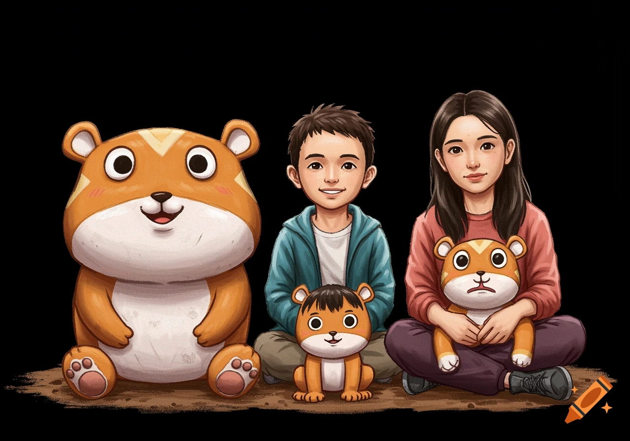 A boy and girl sit on the ground with three cartoonish orange and white hamster plush toys, against a black background.