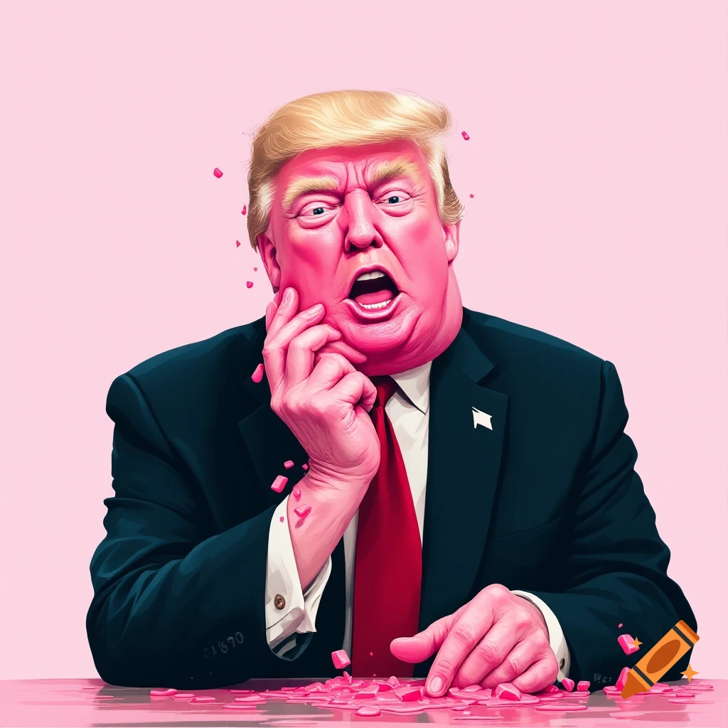 Highly stylized caricature of Donald Trump with bright pink skin, a distressed expression, holding his face, with pink fragments on a table.