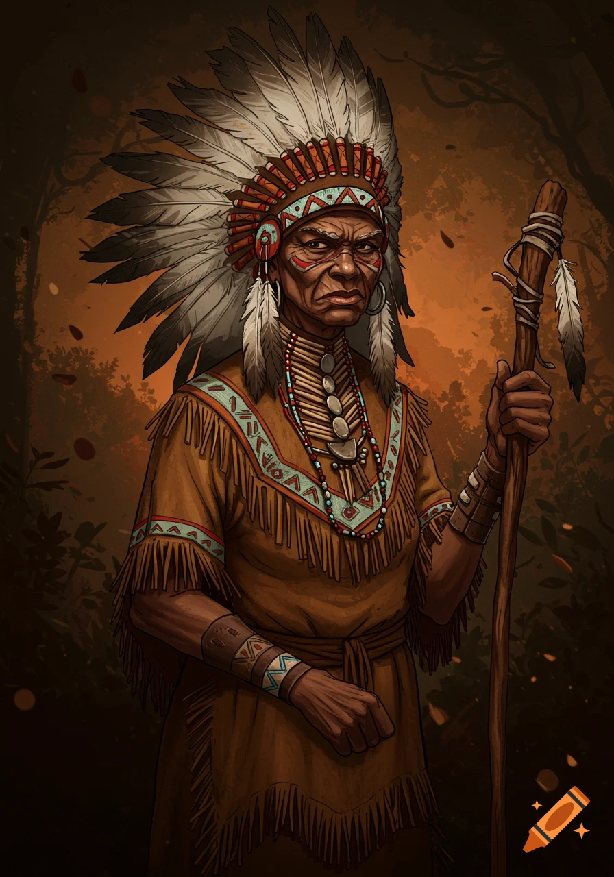 A stylized illustration of an elderly person in Native American attire, wearing a feathered headdress and holding a staff, with a scowling expression.