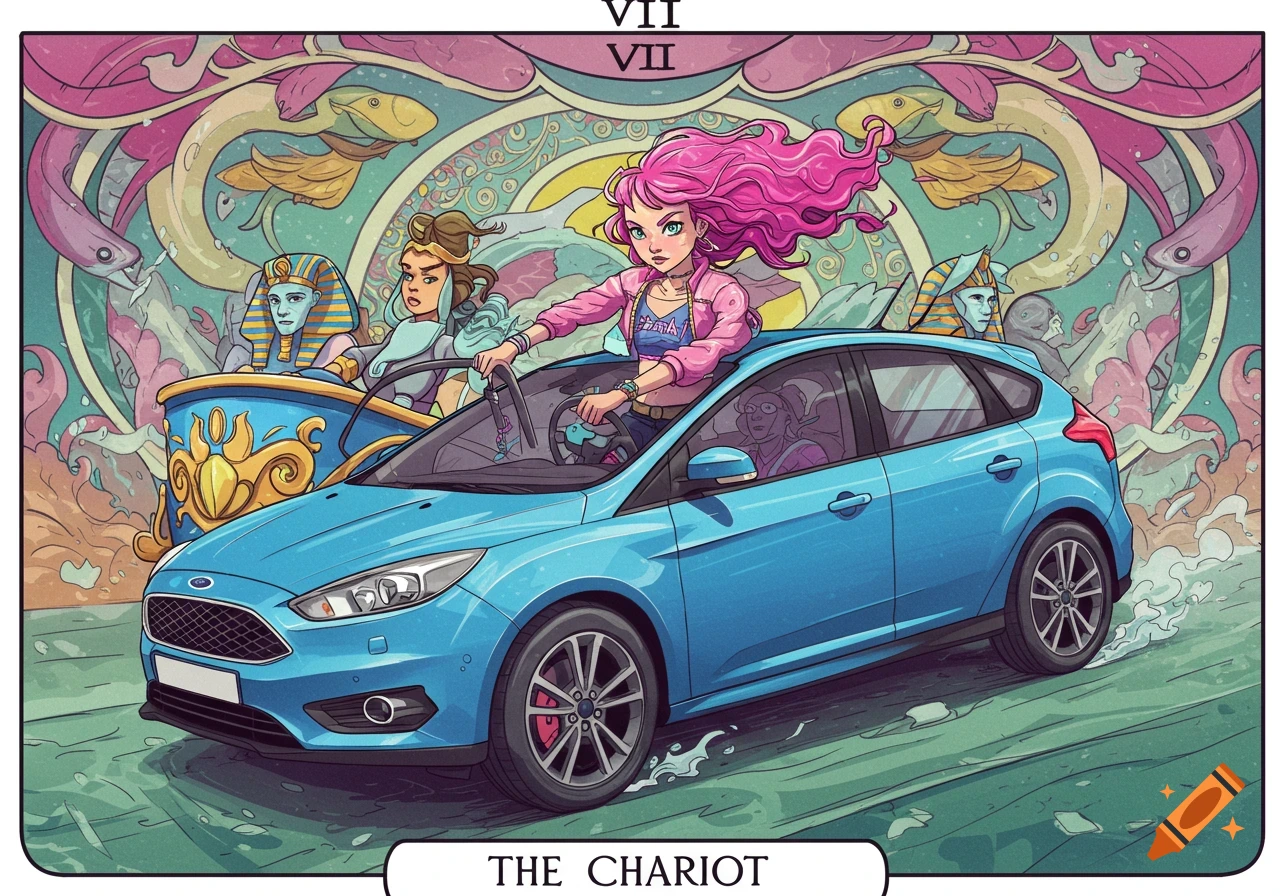 A colorful tarot card illustration of "The Chariot" with a pink-haired teen girl driving a blue Ford Focus, accompanied by two figures in an Egyptian-style sarcophagus, set against a vibrant, abstract background with fish and serpents.