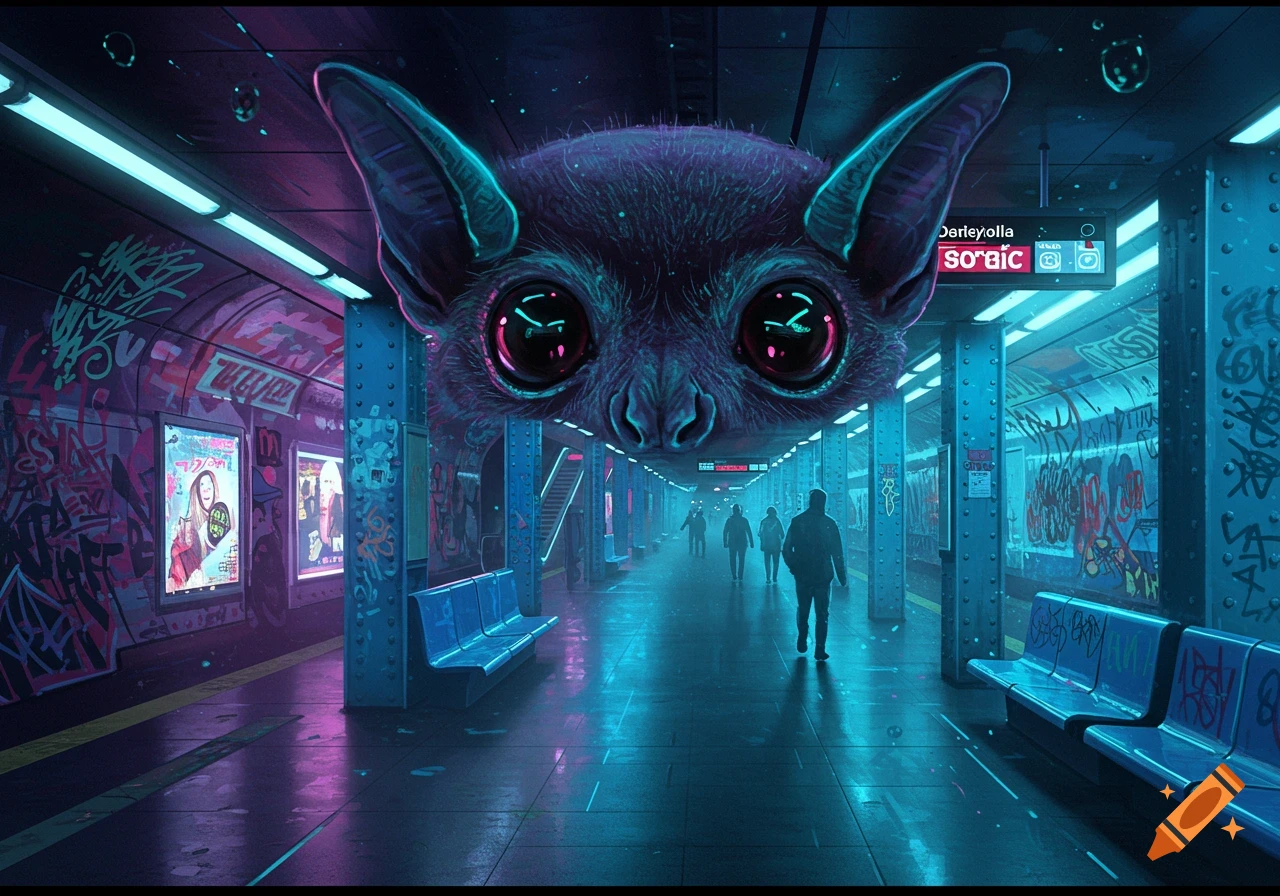 A large, surreal purple bat head with glowing eyes hovers in a neon-lit subway station with graffiti-covered walls and people walking.