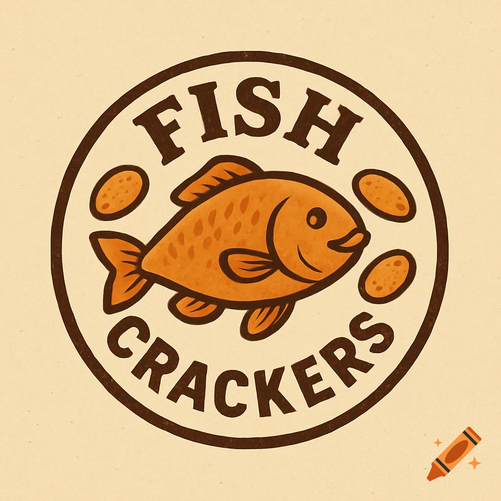 A brown and orange retro-style logo for 'FISH CRACKERS' featuring a smiling fish surrounded by cracker shapes in a circle.