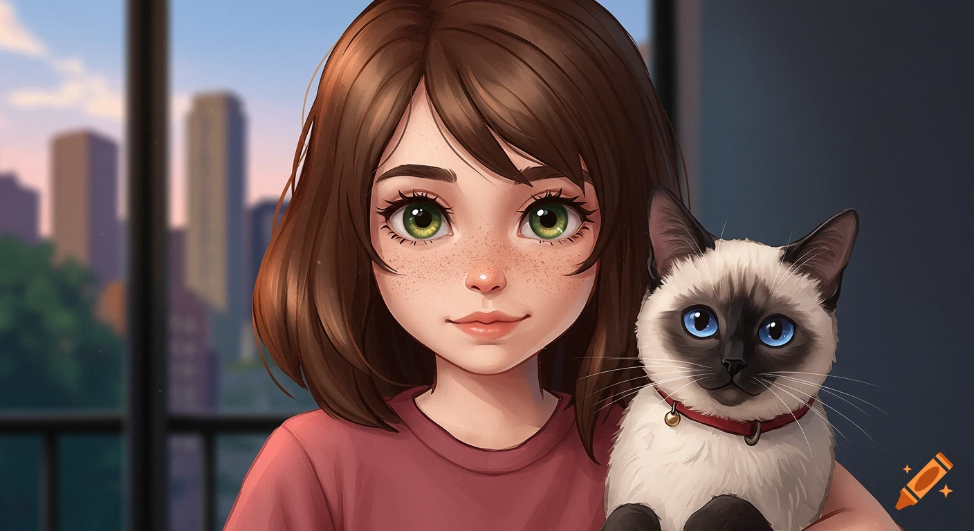 Anime-style portrait of a brown-haired girl with green eyes and freckles holding a Siamese cat, with a blurred city background.
