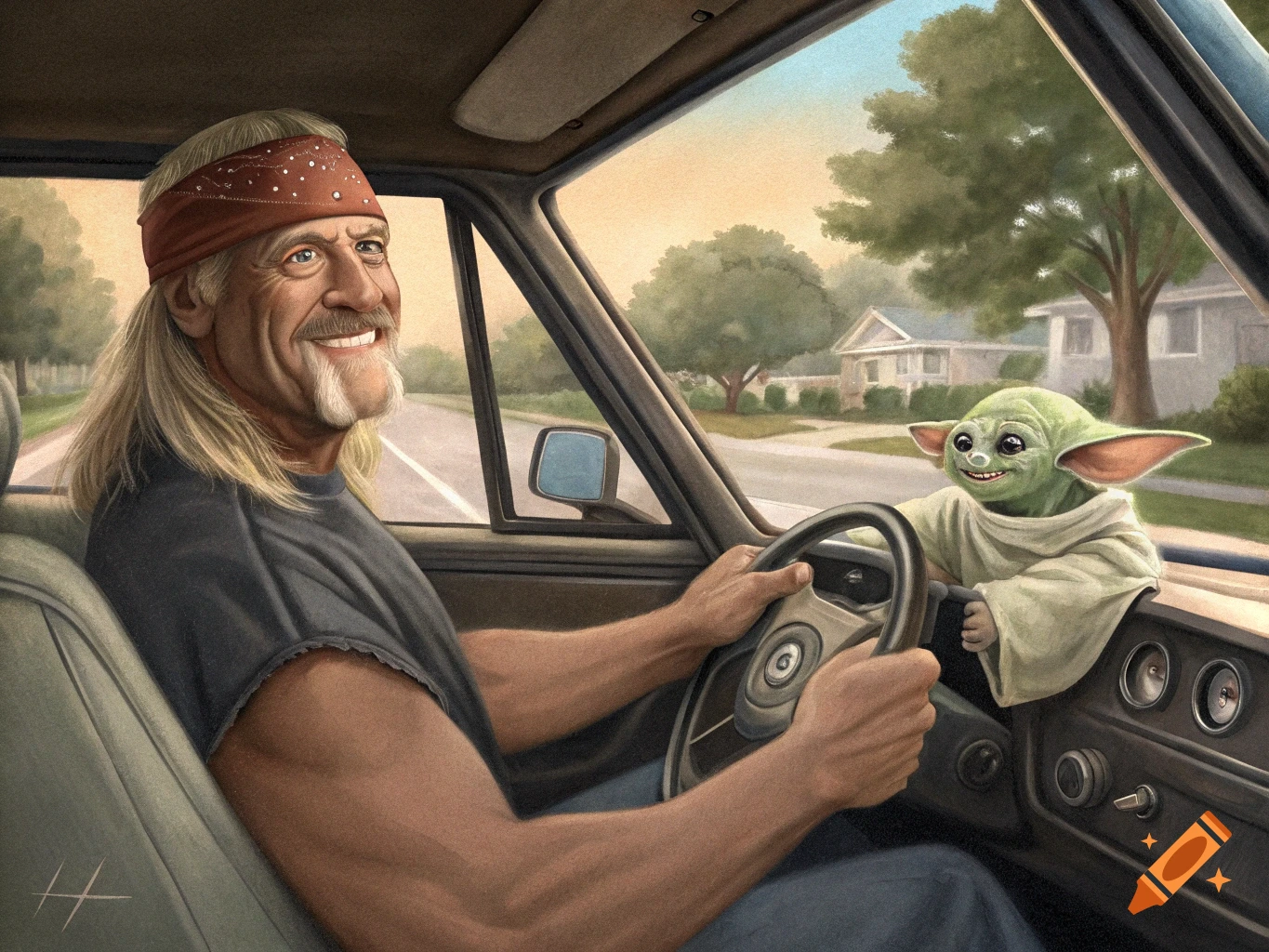 Hulk Hogan smiles while driving a car, with Baby Yoda peeking over the dashboard on the right.