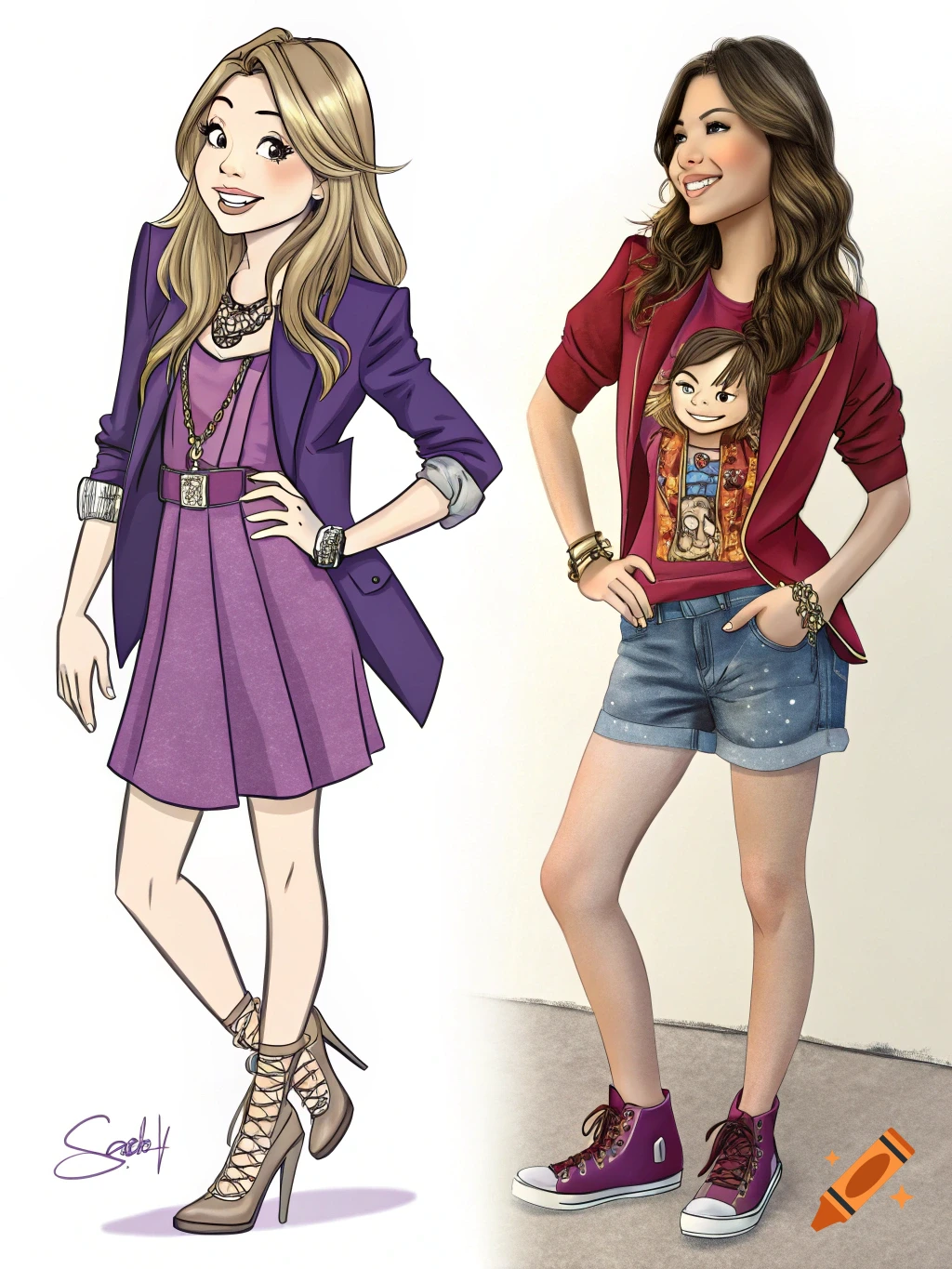 Two young women posing, one on the left in a cartoon style wearing a purple dress and blazer, and one on the right in a realistic style wearing a red shirt, blue shorts, and sneakers.