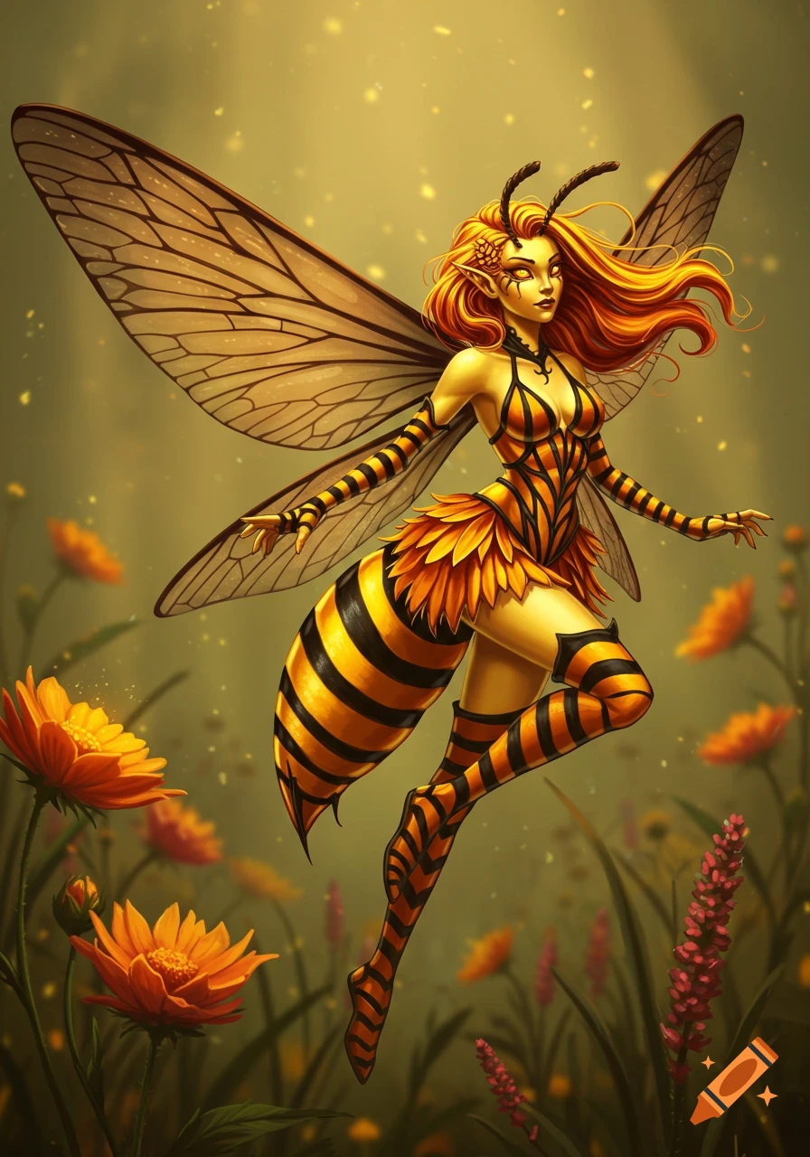 A detailed fantasy illustration of a bee-fairy with orange hair, transparent wings, and a striped orange and black outfit, floating among glowing flowers.