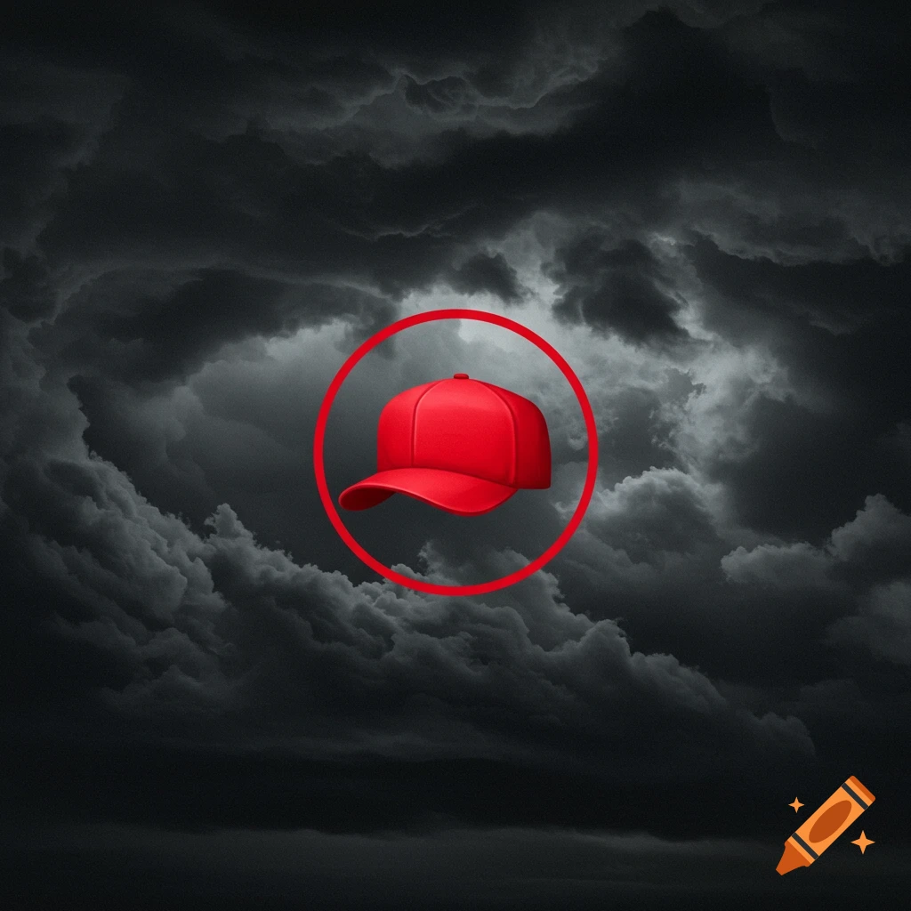A red baseball cap emoji centered within a red circle, set against a background of dark, swirling storm clouds.