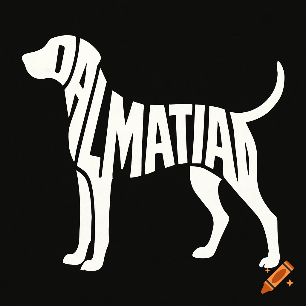 A white silhouette of a Dalmatian dog formed by the word 'DALMATIAN' against a black background.
