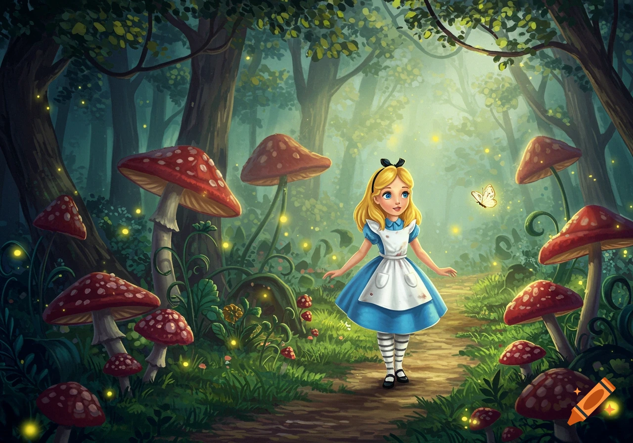 A bright illustration of Alice in a magical forest with giant red mushrooms and glowing fireflies.