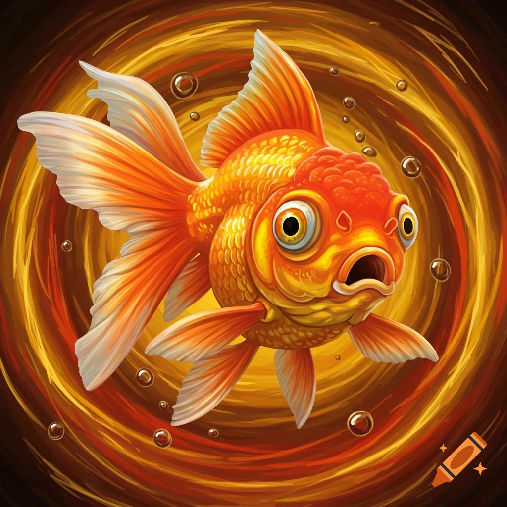 Cartoon illustration of a wide-eyed, shocked orange goldfish against a swirling orange and brown background with bubbles.