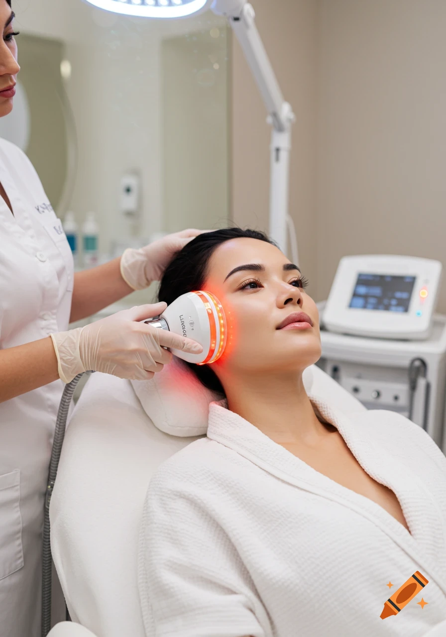 A woman lying on a bed receives a red light skincare treatment on her face from a professional in a clinic.