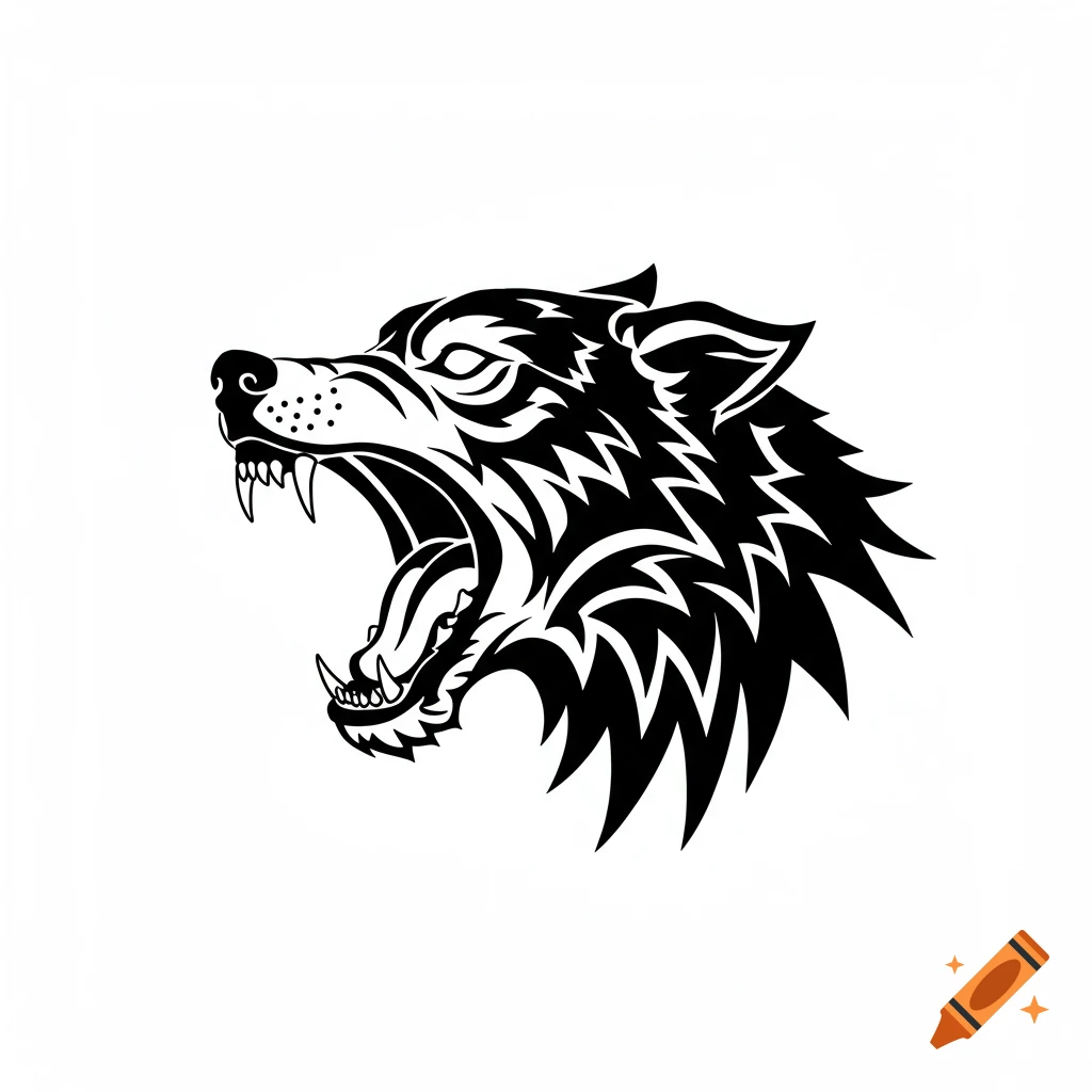 Black tribal wolf head with an open mouth on a white background.