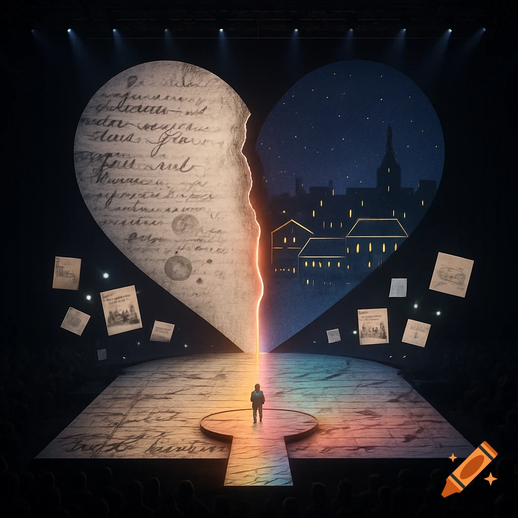 A person on a rainbow-lit stage before a large, split heart backdrop. The left heart has scribbled text, the right a night cityscape.