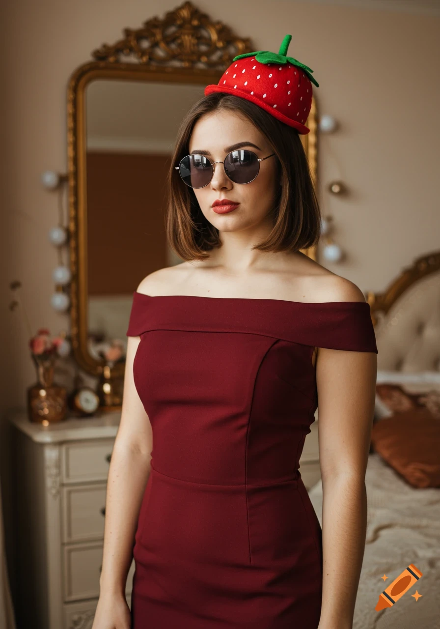 Young woman in a burgundy off-shoulder dress, strawberry hat, and sunglasses poses in a softly lit bedroom.