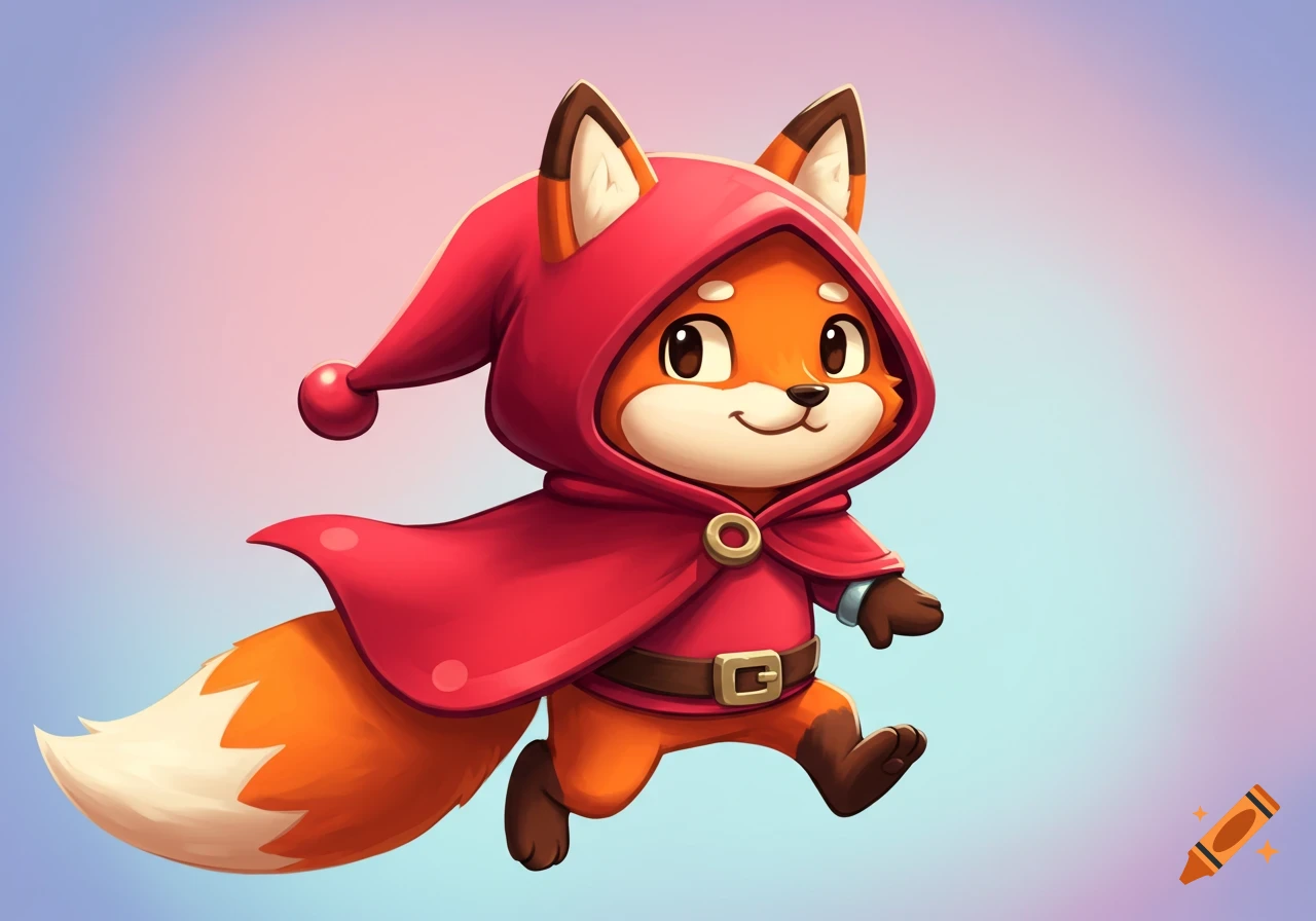 A cute, orange cartoon fox character wearing a red hooded cloak and brown belt skips across a soft gradient background.