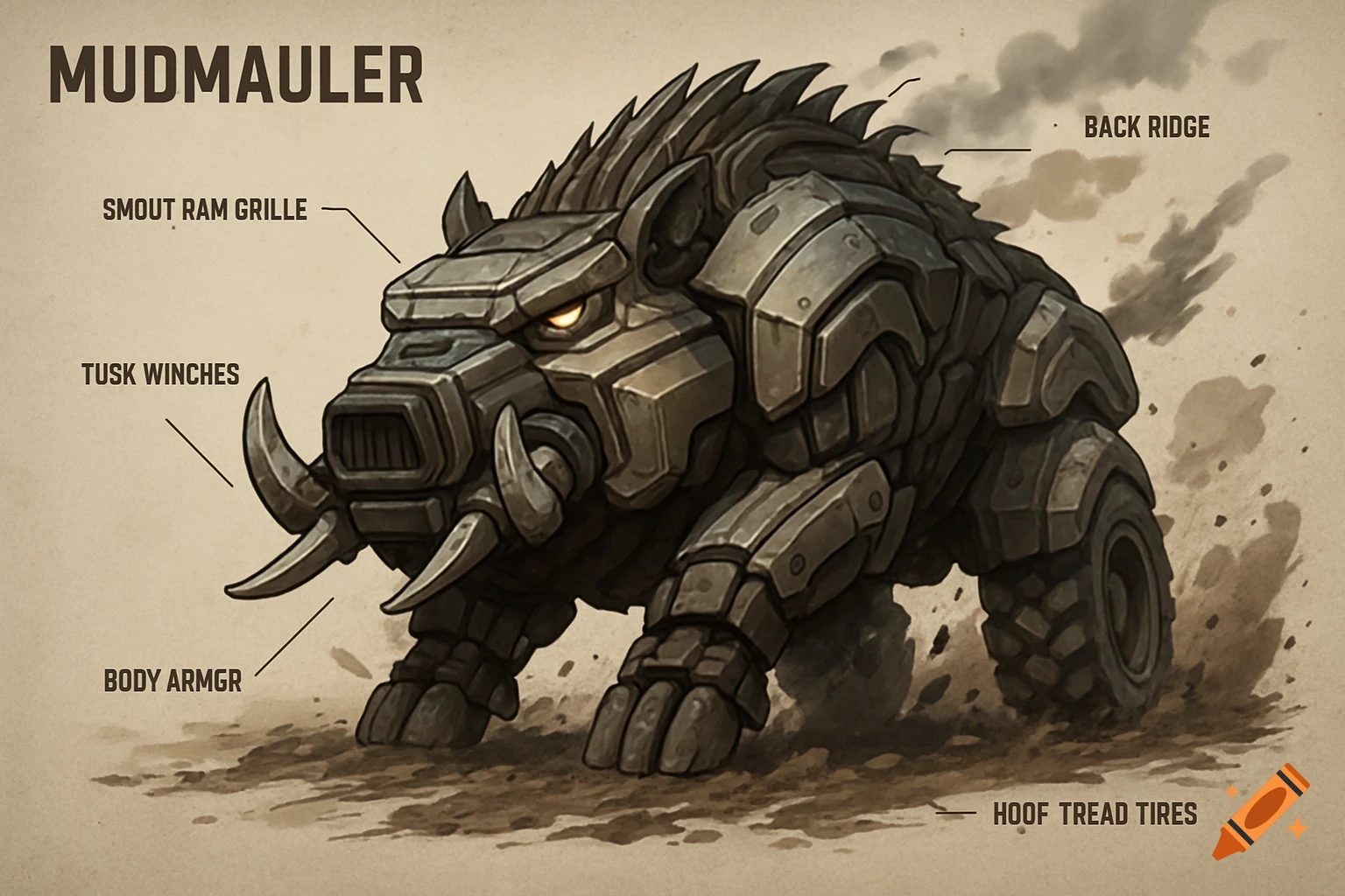 An armored wild boar beast with machine parts, labeled with parts like 'MUDMAULER', 'TUSK WINCHES', and 'HOOF TREAD TIRES', in a concept art style.