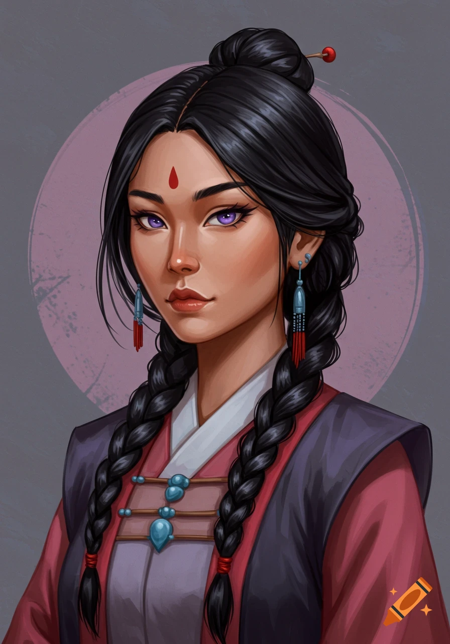 Portrait of a stylized Mongolian woman with black braided hair, violet eyes, and a red bindi.