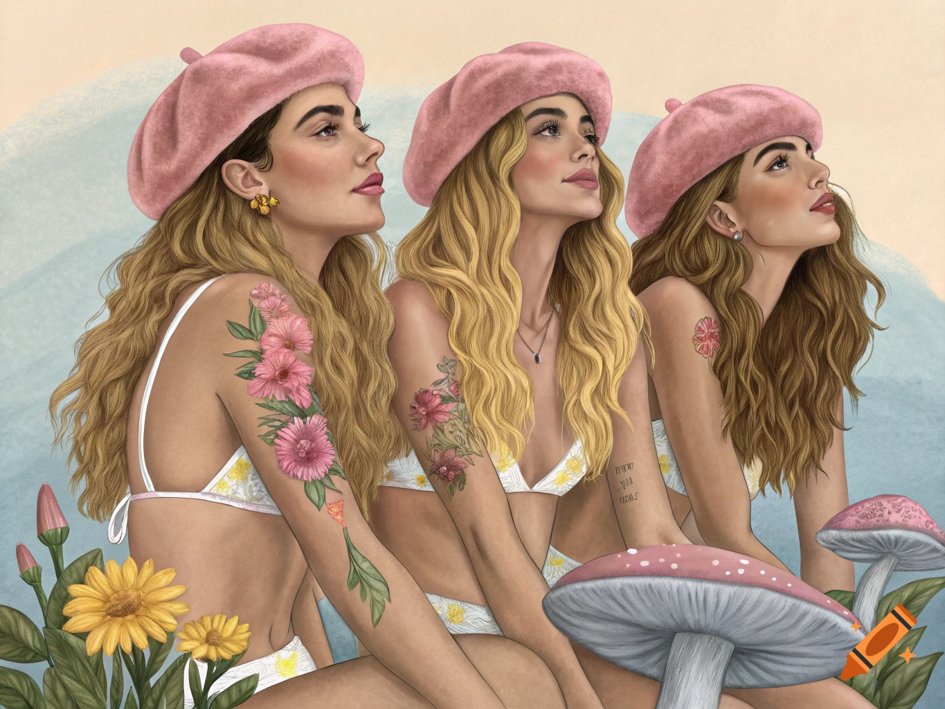 Three young women with long wavy hair and pink berets sit wearing white floral bikinis, adorned with colorful floral arm tattoos, next to large mushrooms and flowers.