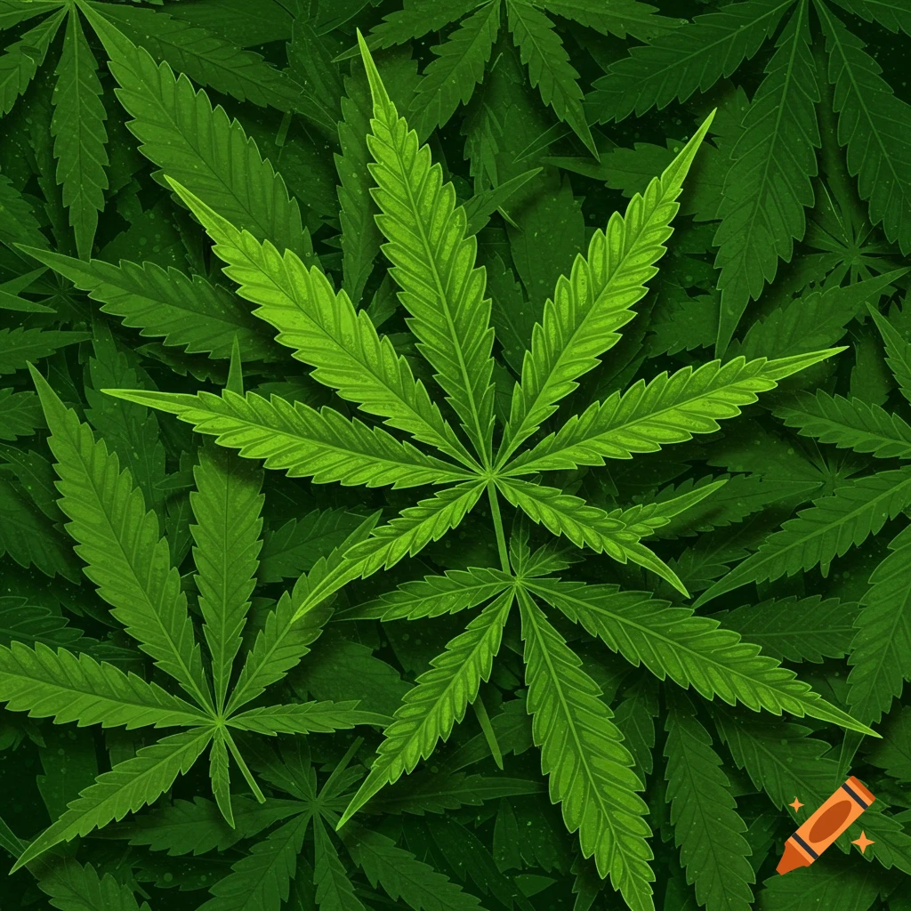A detailed green background filled with cannabis leaves, featuring prominent leaves in the foreground and blurred ones behind.