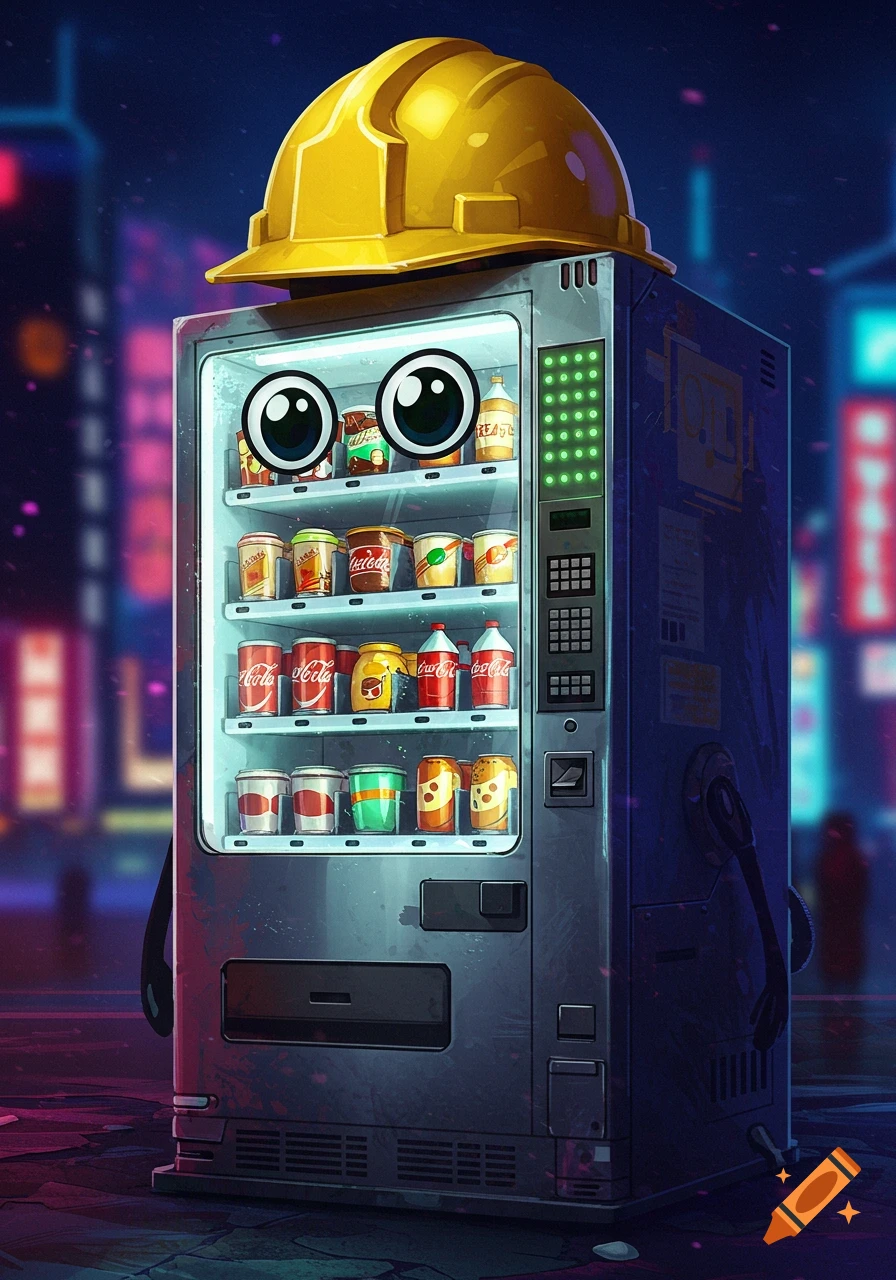 A stylized, anthropomorphic vending machine wearing a yellow hardhat stands on a city street at night, with glowing eyes and products visible inside.