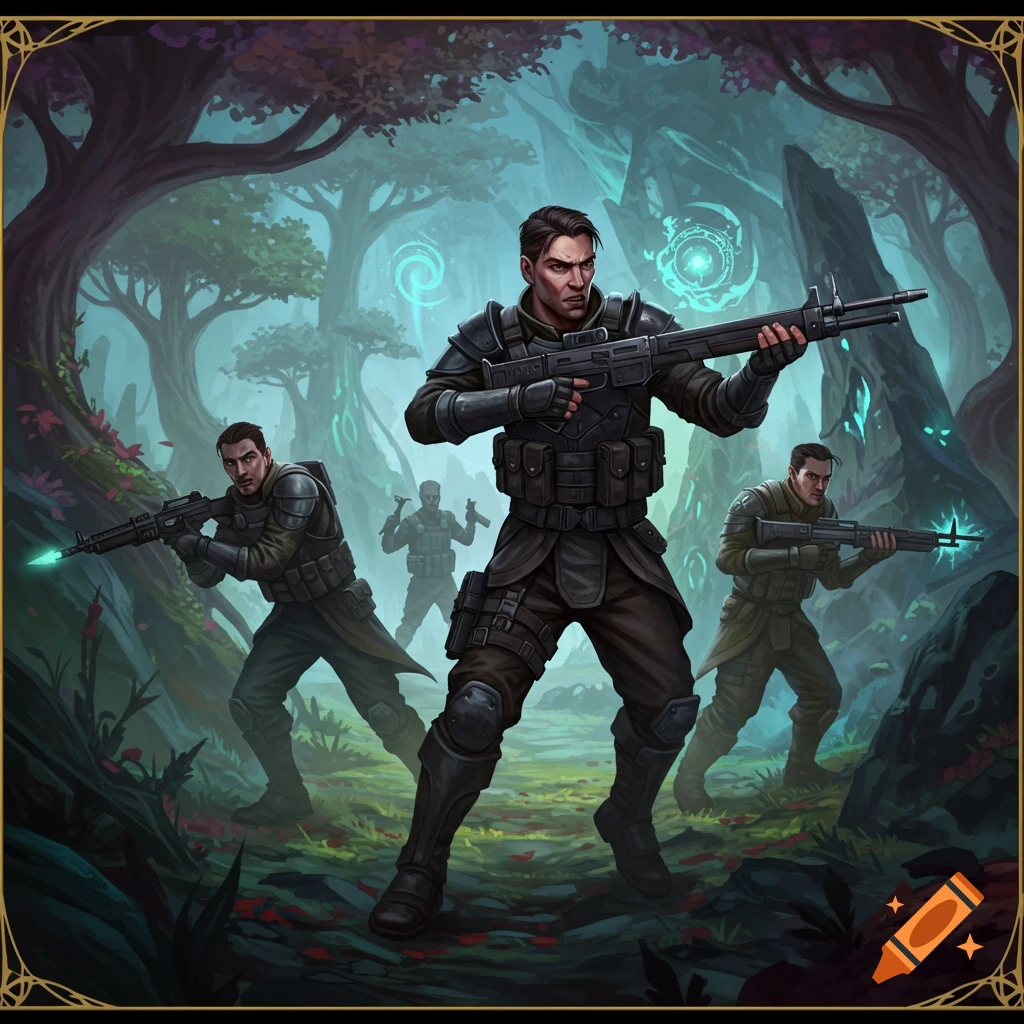 Armed men in tactical gear patrol a mystical, glowing forest.
