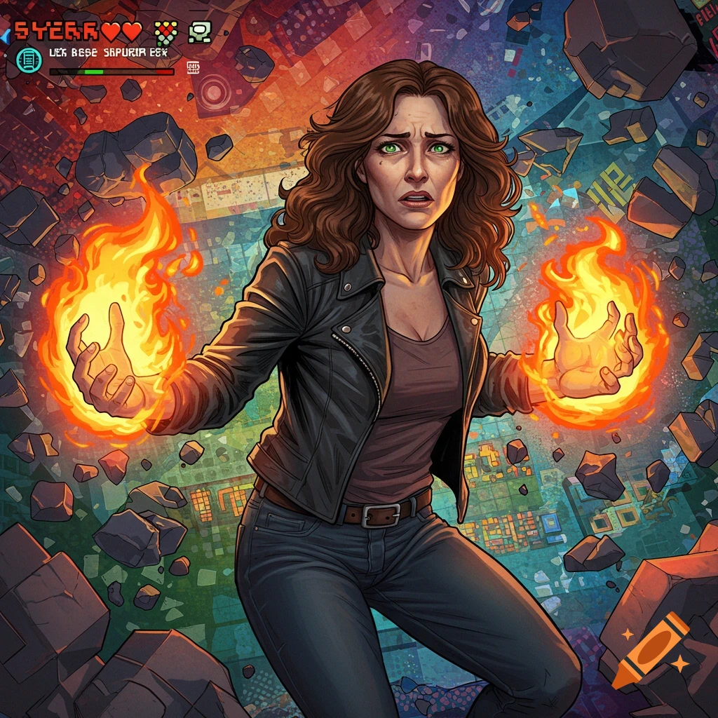 A distressed woman with fire in her hands and floating debris, depicted in a vibrant comic art style with a video game UI overlay.