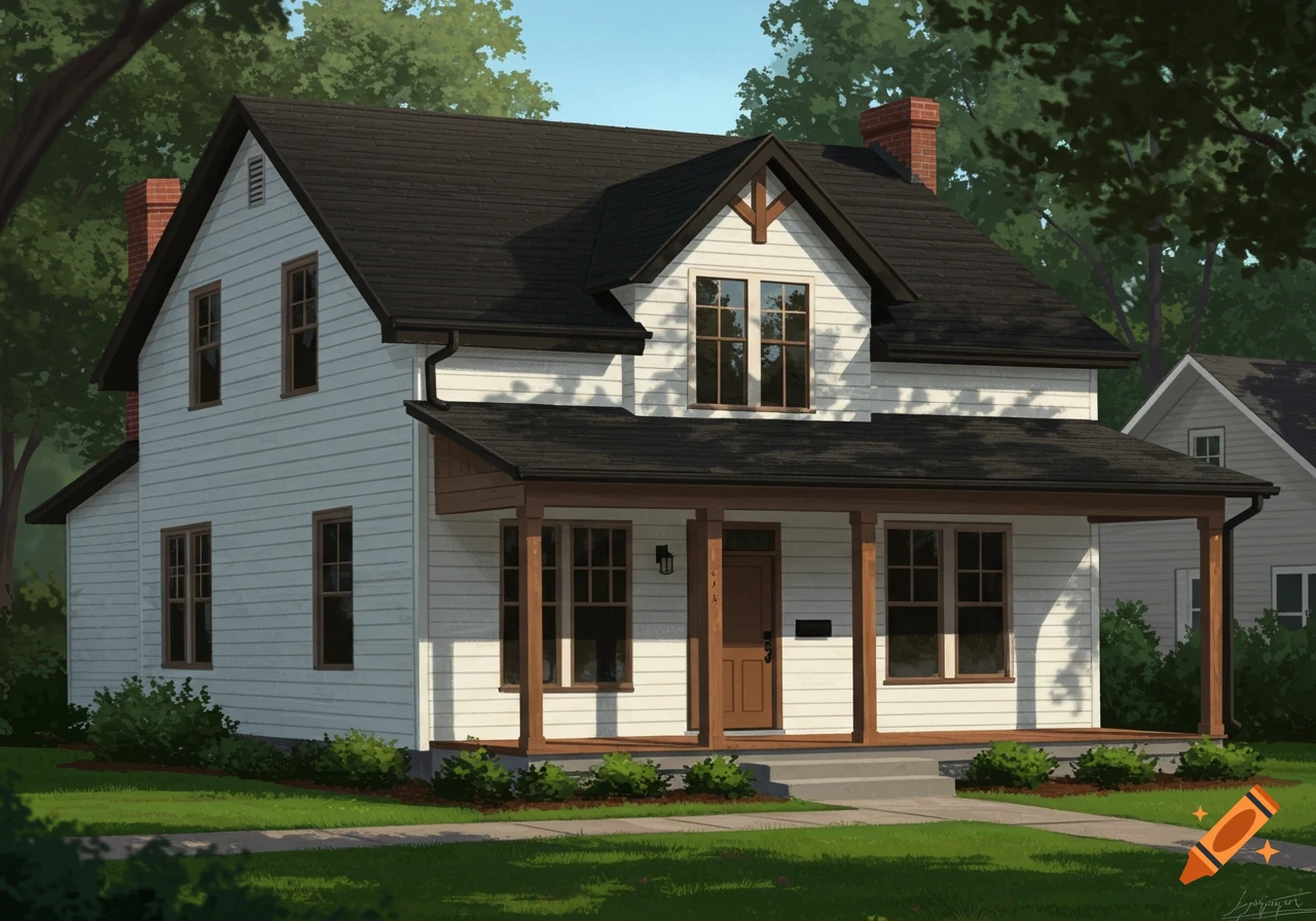 A two-story white house with a black roof, a brown front porch with exposed beams, and a green lawn.