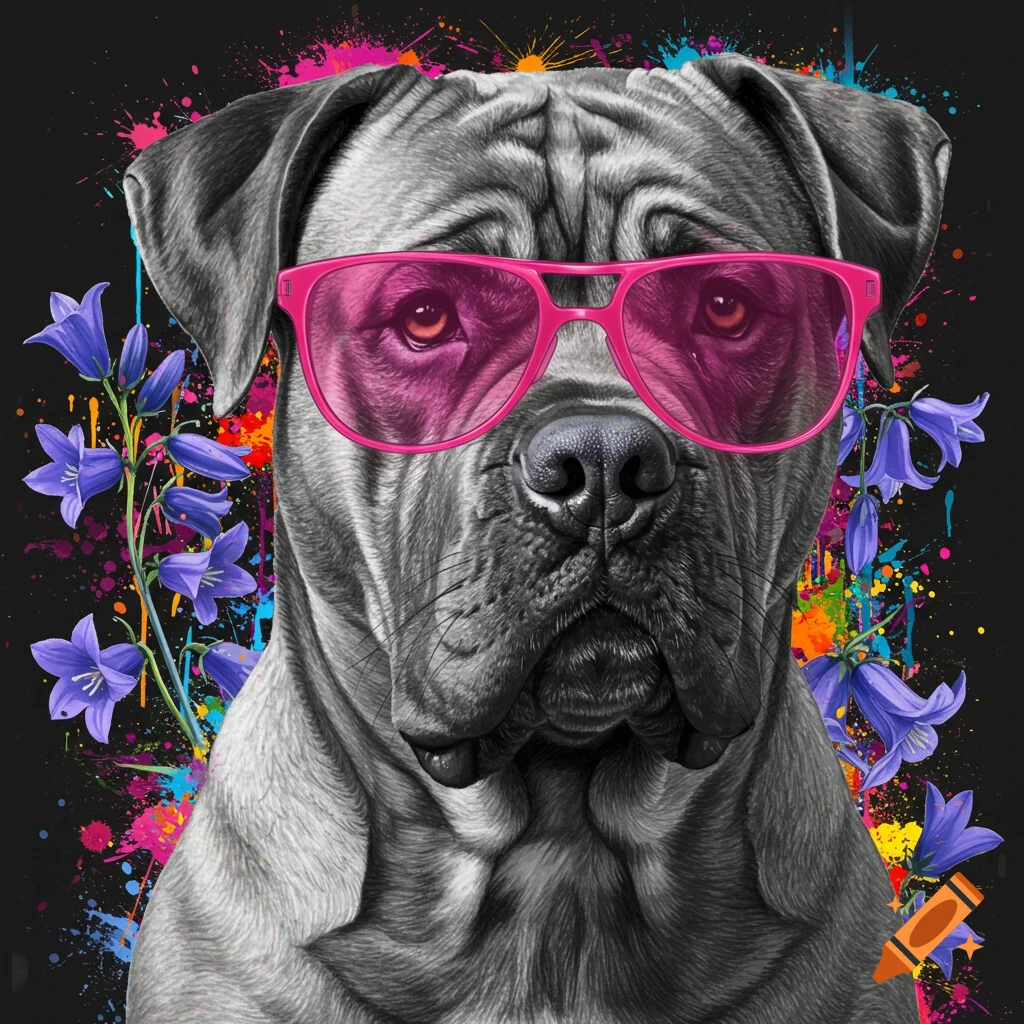 Black and white portrait of a Mastiff dog wearing pink sunglasses with colorful paint splatters and bluebell flowers in an art pop style.