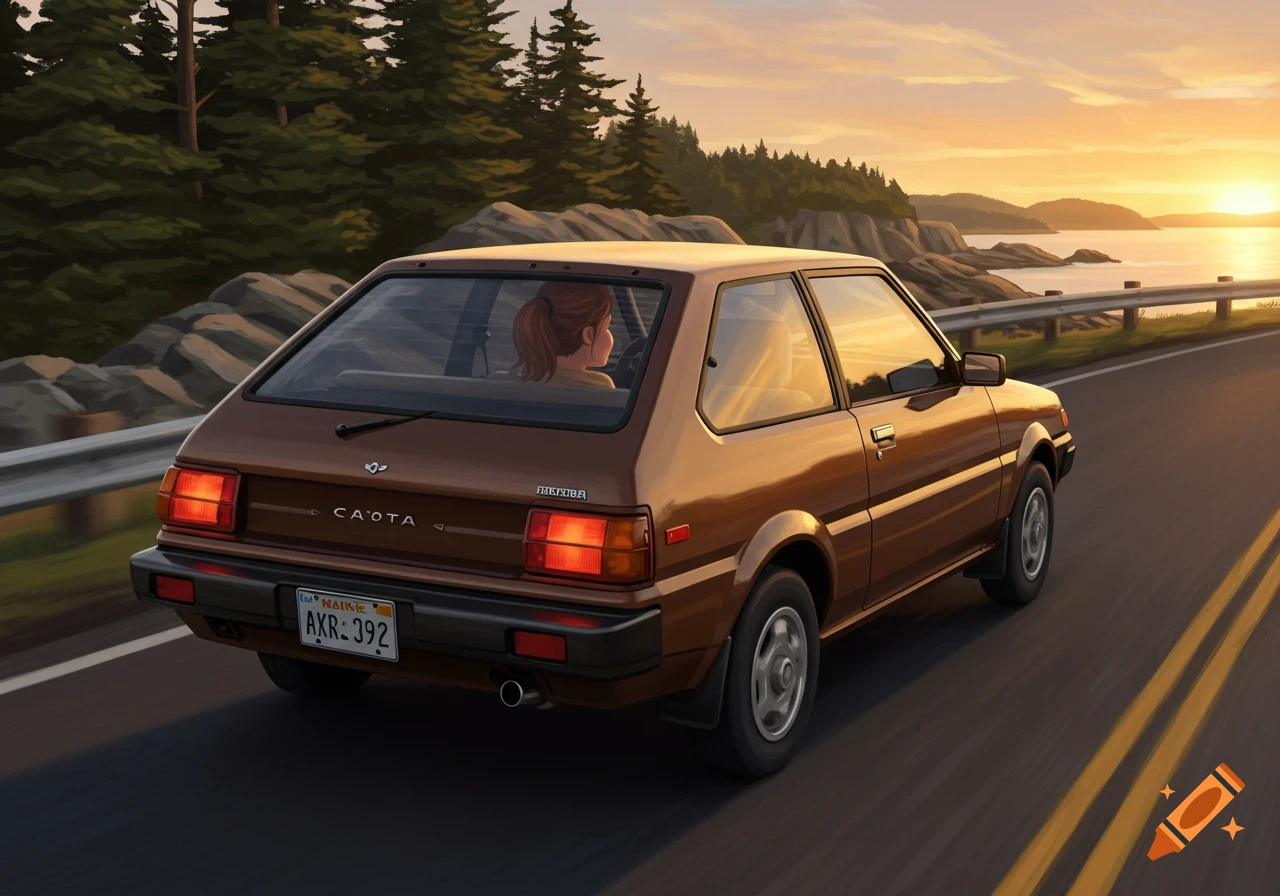 A woman drives a brown hatchback car along a coastal road at sunset, with a forest and ocean visible.