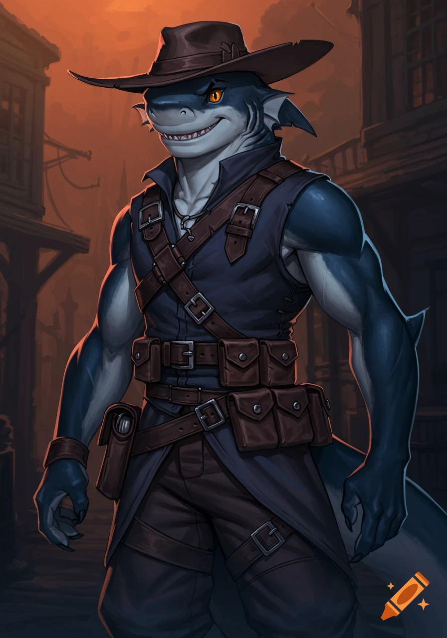 An anthropomorphic shark character dressed as a bounty hunter, wearing a cowboy hat, vest, and belt with pouches.