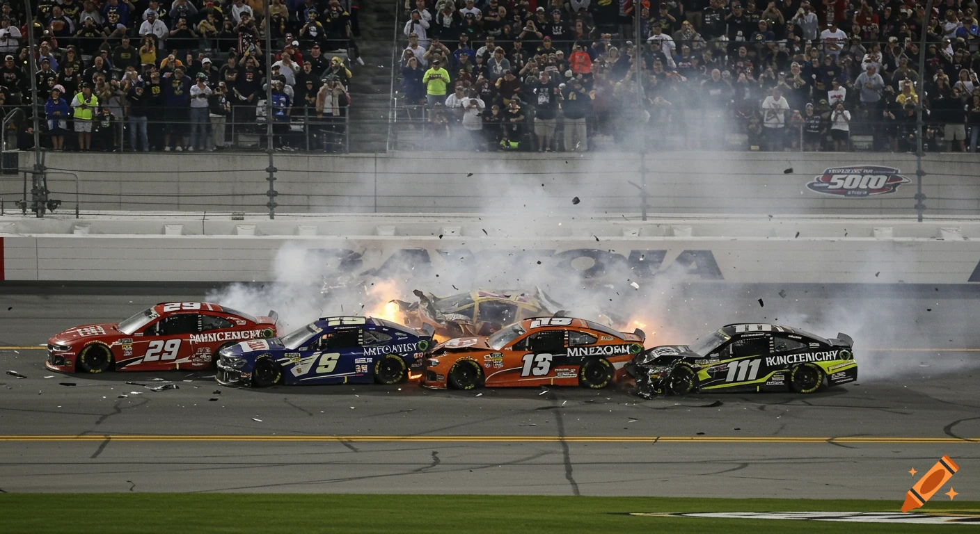 Photorealistic image of multiple NASCAR cars in a fiery crash on a race track with smoke and debris flying, viewed from a slightly elevated angle with a crowd in the background.
