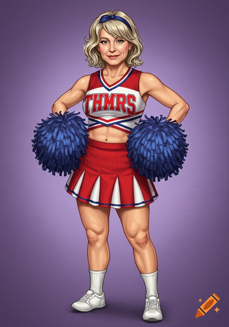 A stylized illustration of a female cheerleader in a red and white uniform holding blue pom-poms.