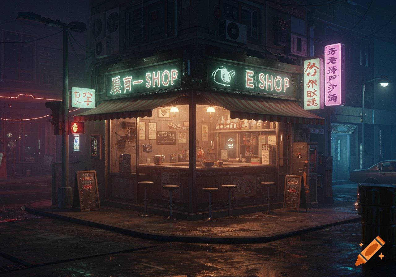A neon-lit cyberpunk tea shop on a dark, wet city street corner at night, with no people.