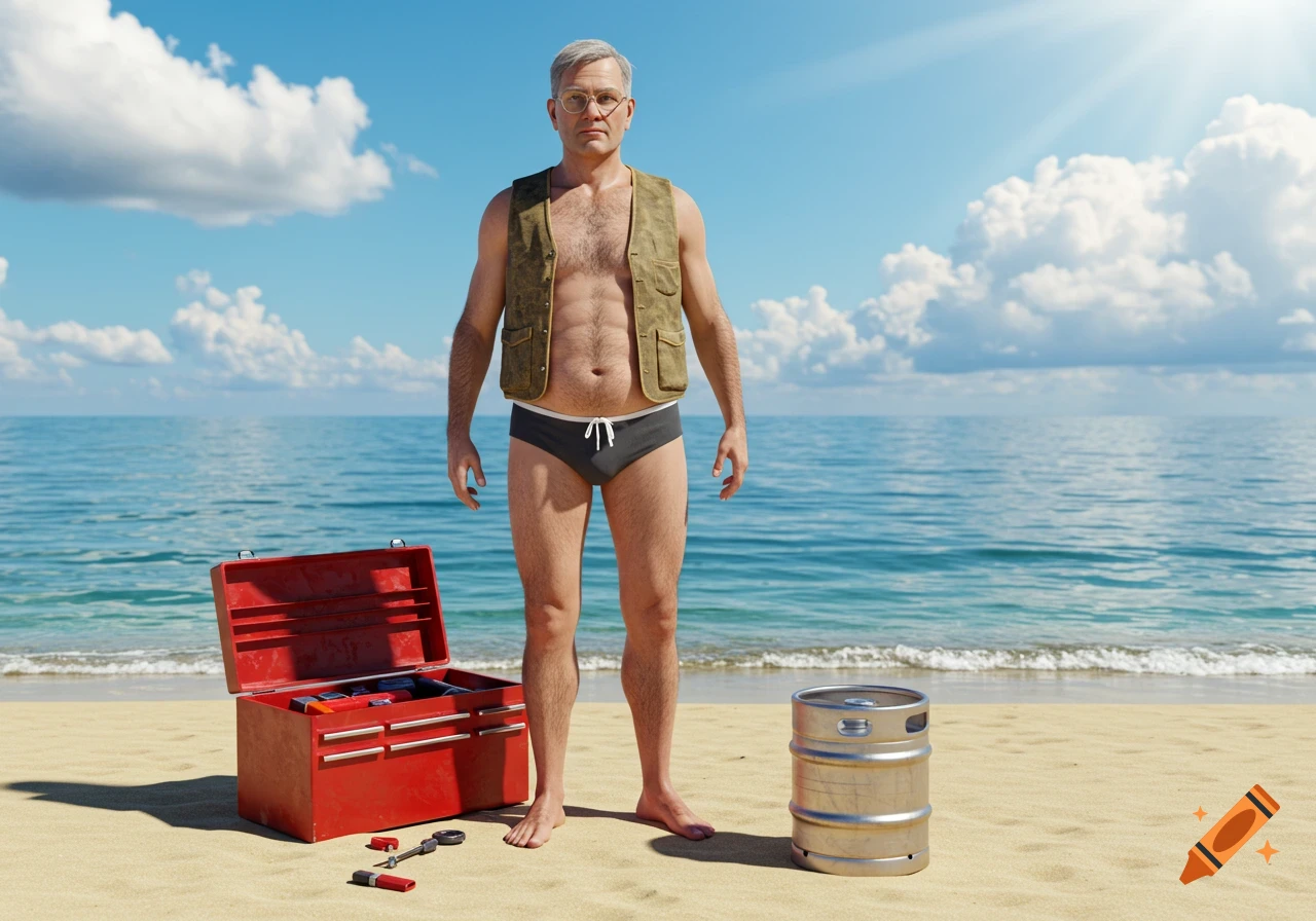 Middle-aged man in swim trunks and vest on a sunny beach, standing next to a red toolbox and a metal keg. Ocean in background.