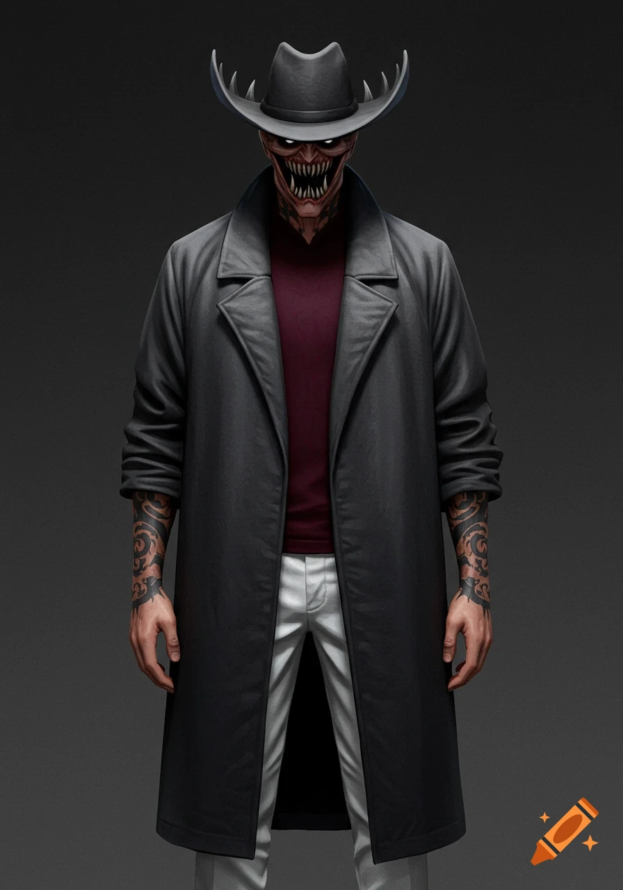 A stylized monster in a dark grey trench coat, maroon shirt, and white pants, wearing a spiky cowboy hat, with glowing eyes and a jagged mouth, featuring tattooed forearms.
