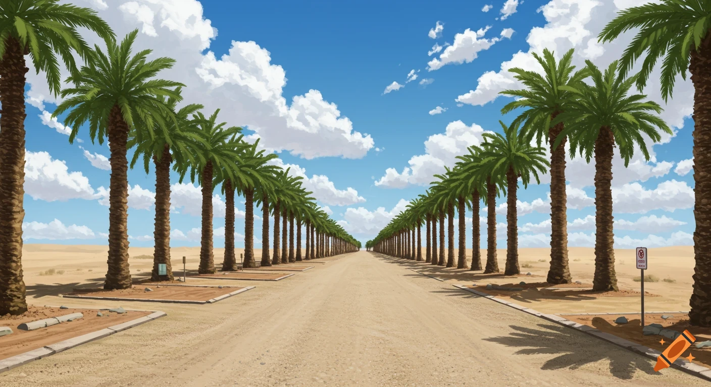 A long, straight gravel road extends into the distance, flanked on both sides by rows of tall date palm trees in a sunny desert landscape with a blue sky and white clouds.