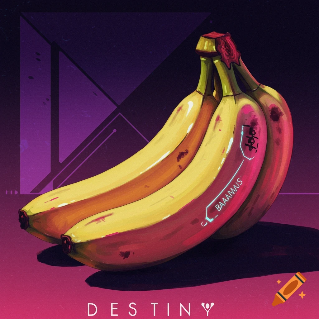 A stylized image of three bananas in a futuristic, purple and pink setting with sci-fi elements and glow-in-the-dark text, in the style of Destiny.