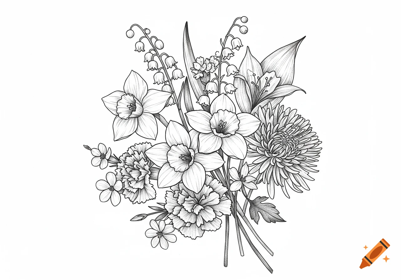 A black and white line art drawing of a floral bouquet featuring daffodils, lily of the valleys, carnations, and chrysanthemums.