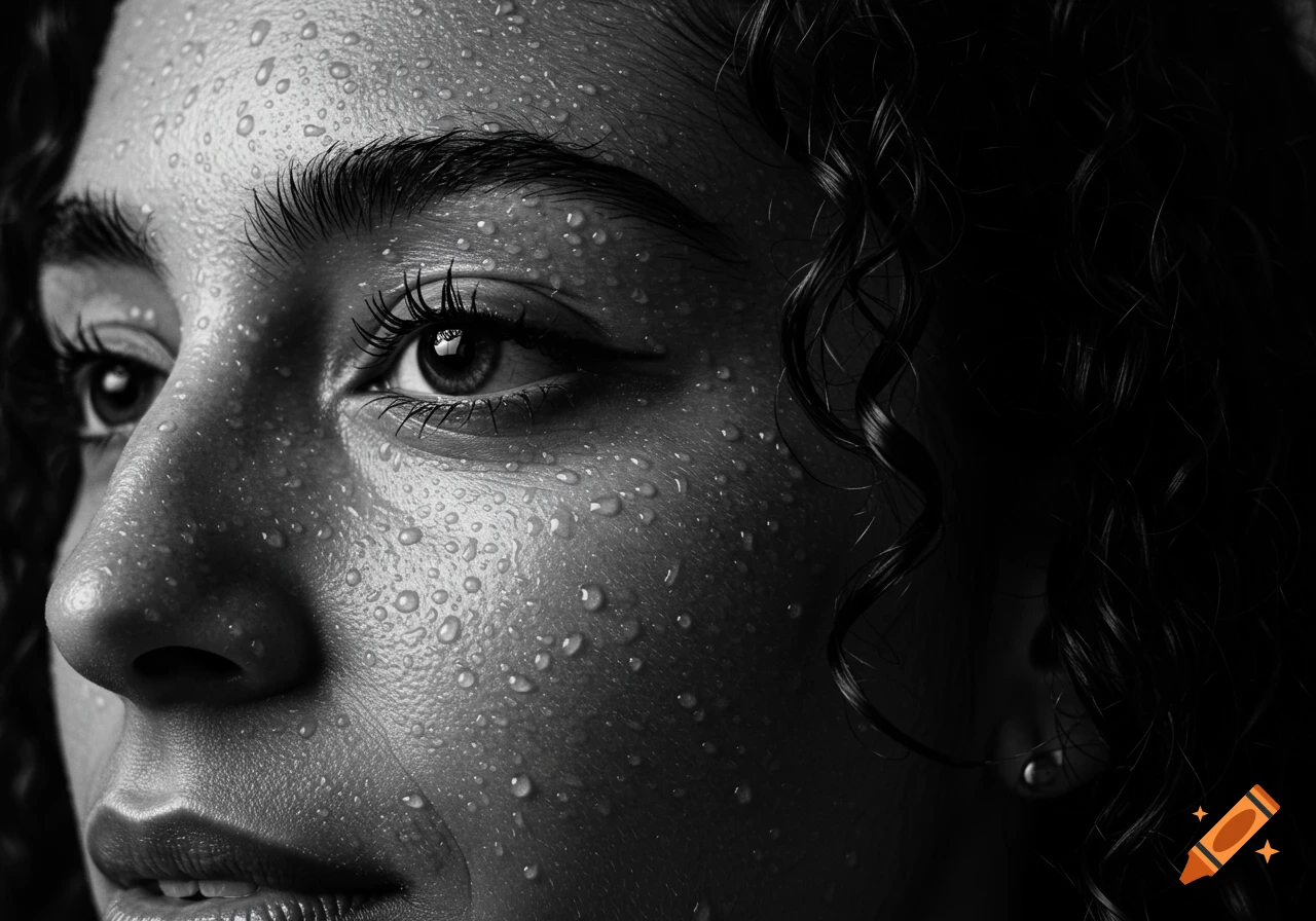A close-up, black and white portrait of a woman's face with water droplets on her skin and curly hair.
