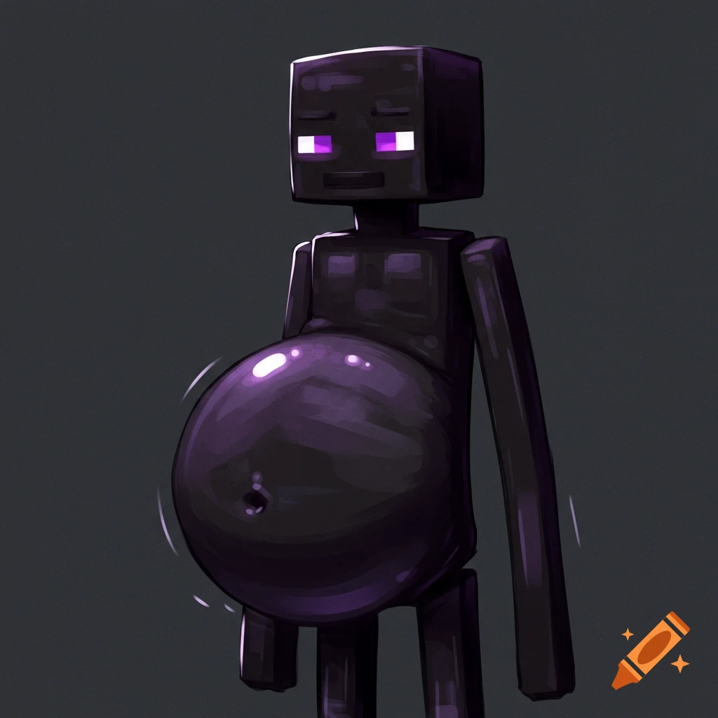 An Enderman from Minecraft with glowing purple eyes and a very large, round belly bulge, depicted in a digital art style.