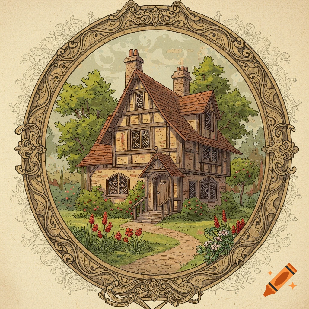 A charming, idyllic medieval cottage with a red roof and stone walls, surrounded by lush green trees and colorful flowers, all framed within an ornate, decorative oval border.